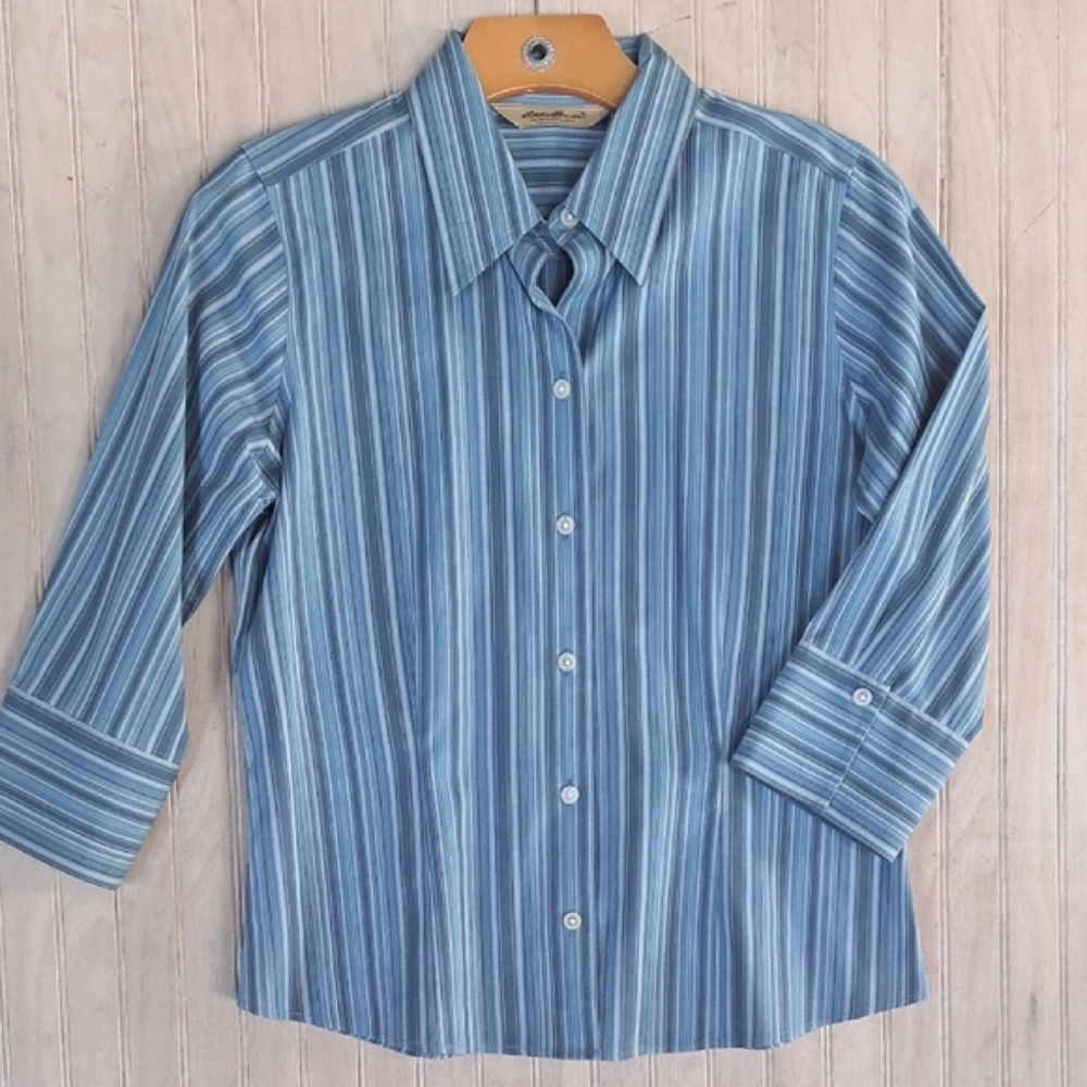 Eddie Bauer Petite Wrinkle-Resistant Stretch Button Up Shirt Cotton Pin Striped